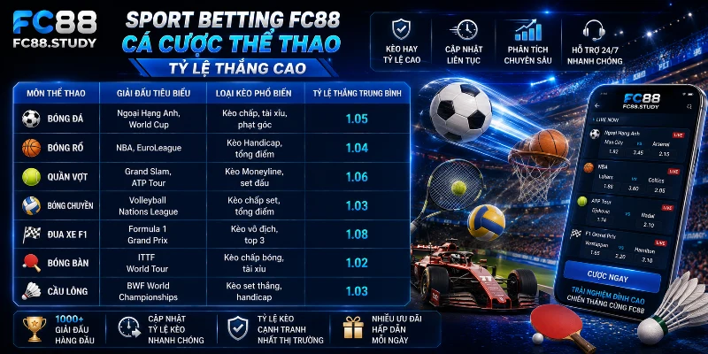 Cá cược thể thao với tỷ lệ kèo hấp dẫn trên FC88  